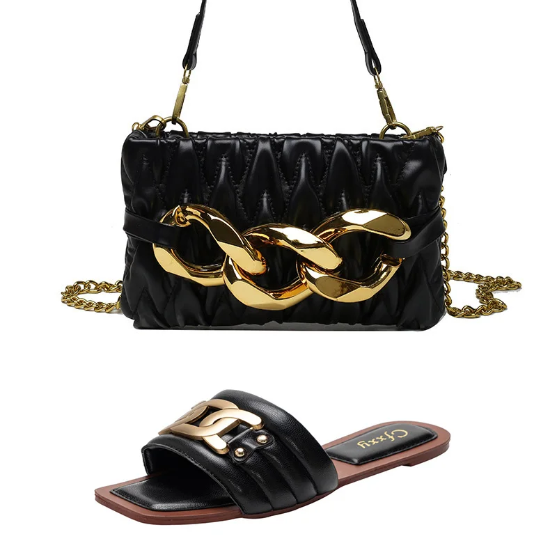 

Summer Ladies Flat Slippers Comfortable Large Size Casual Outer Sandals Sexy Luxury Ladies Shoes Bag Set Furry Slides Pantuflas