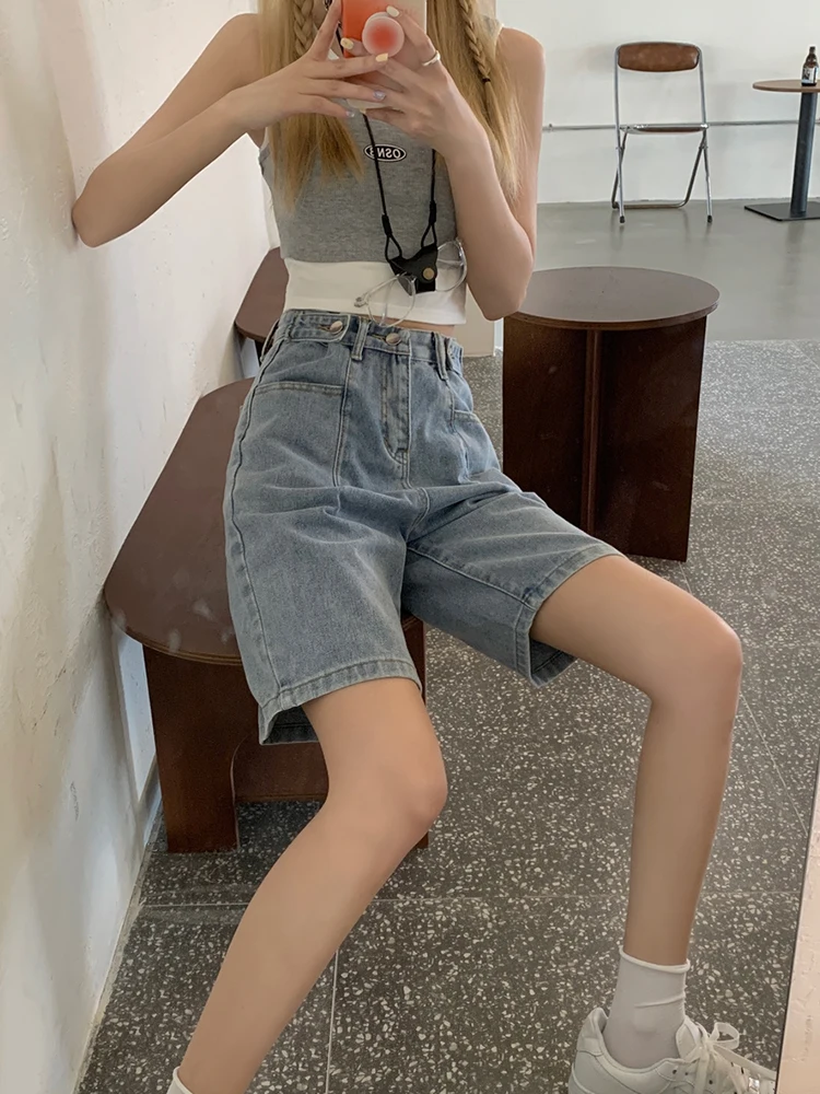 Spring Summer Women High Waist Straight Adjustable Button Denim Shorts Streetwear Female Loose Jeans Shorts Bottoms