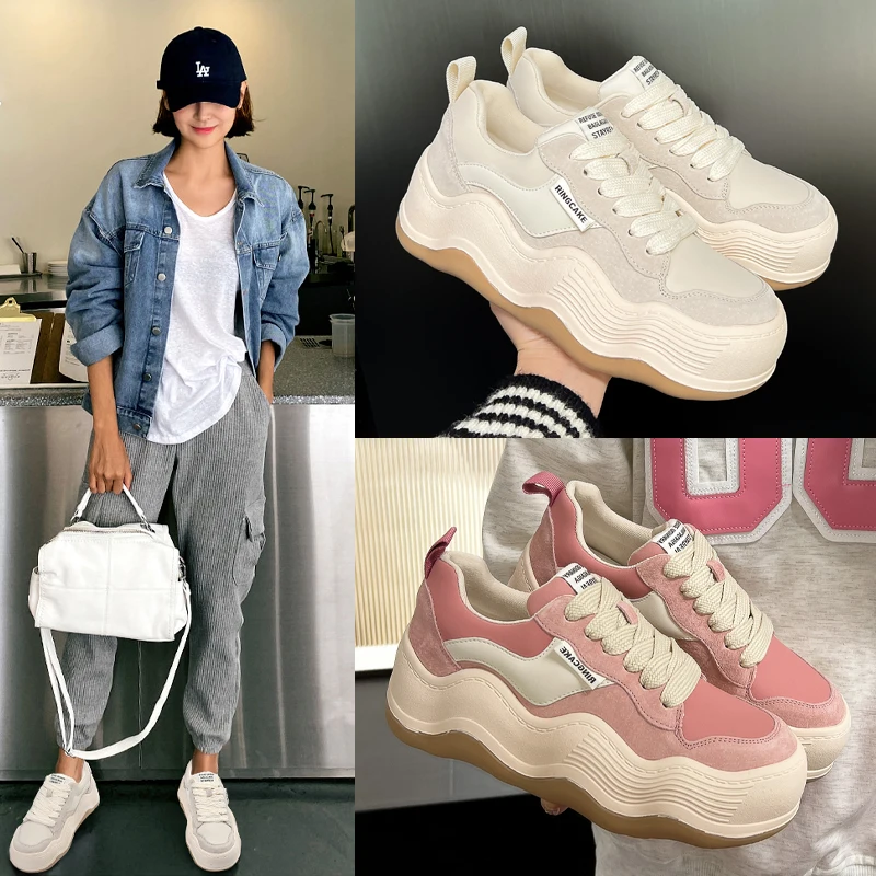 Genuine Leather Casual Sneakers for Women Platform Luxury Dad Shoes