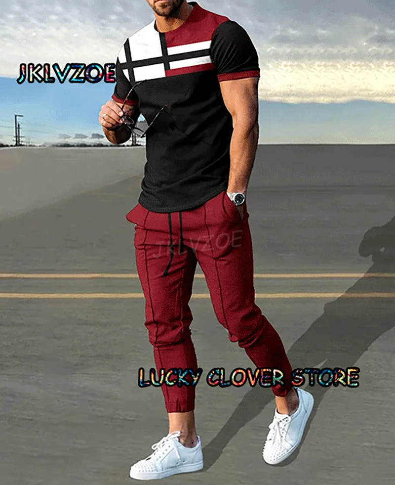 New Men Blue Stripe Multicolour Tracksuit 2 Pieces T-shirts+Pants Sets Printing Man Outfit Summer Suit Casual Sportswear Clothes