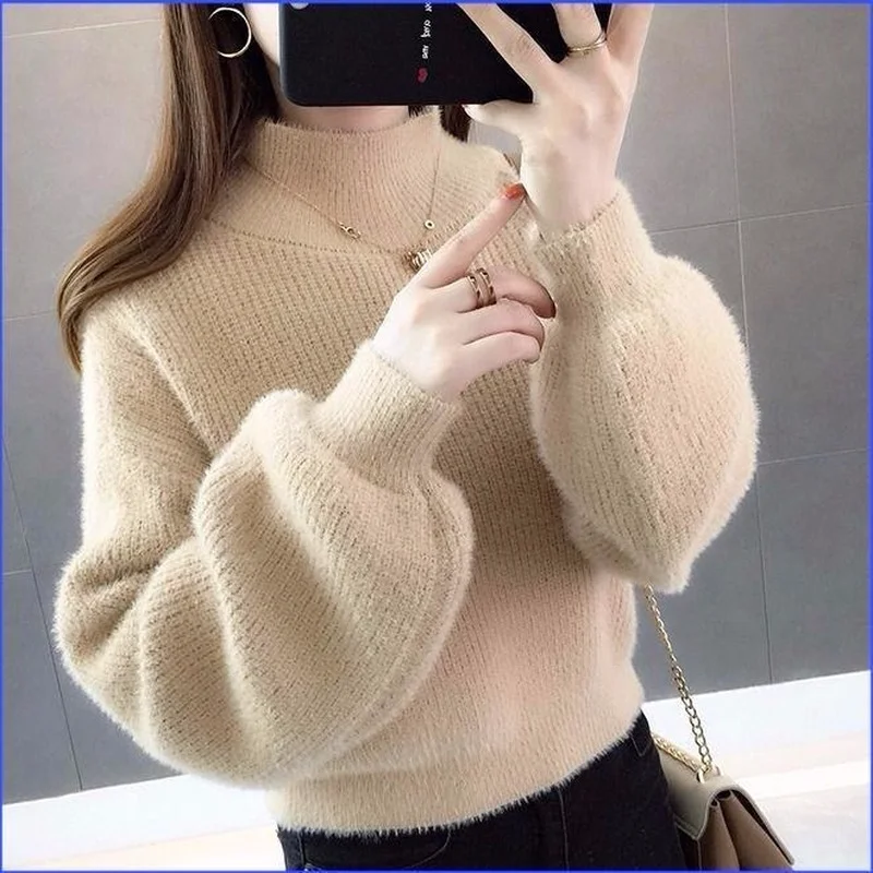 Pullover sweater female 2022 autumn and winter new lantern sleeve base loose solid casual half high collar sweater pullovers