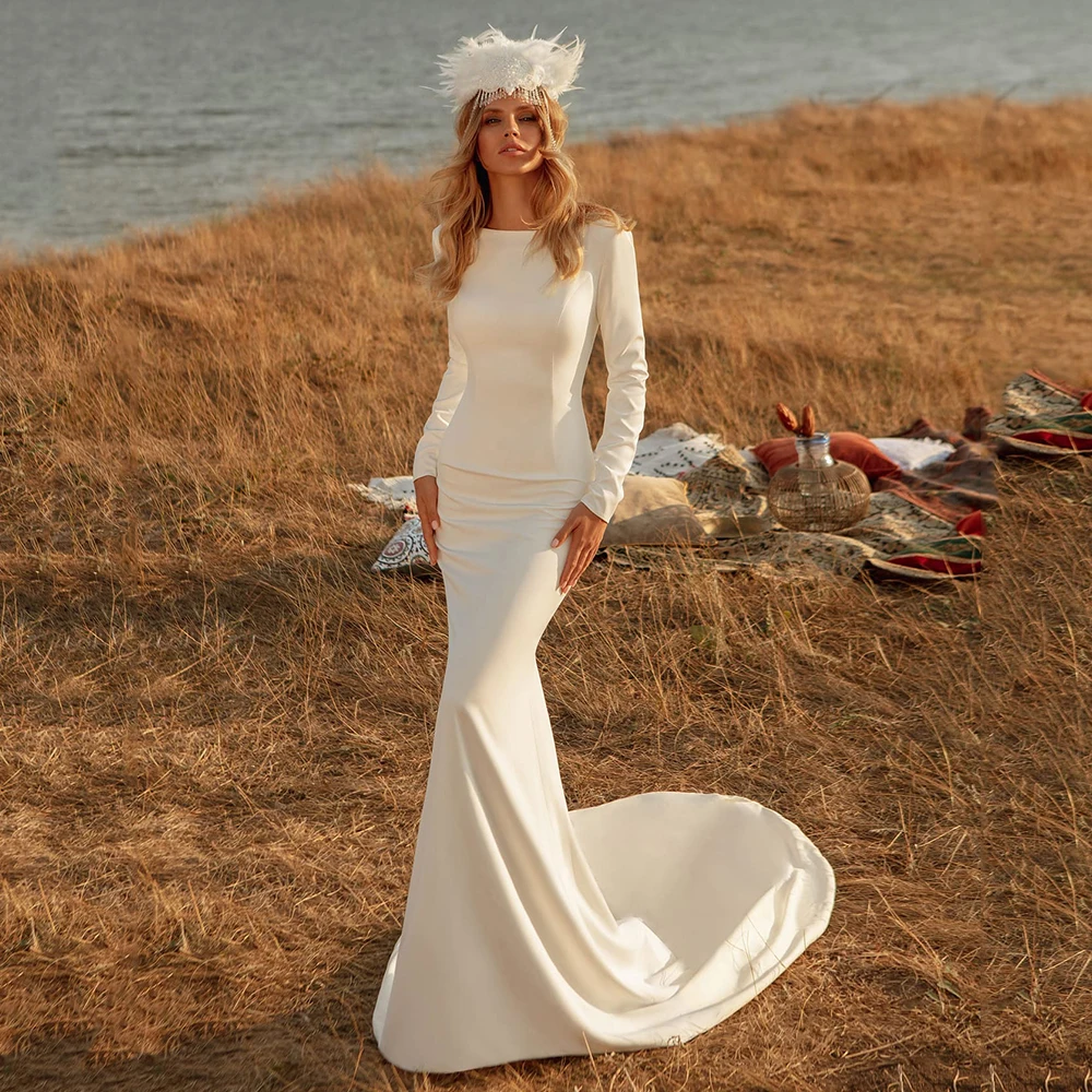 

Simple Long Sleeves Wedding Dresses Elegant O Neck Backless A Line Sweep Train Bridal Gowns Sizes Available Robe De Mariée