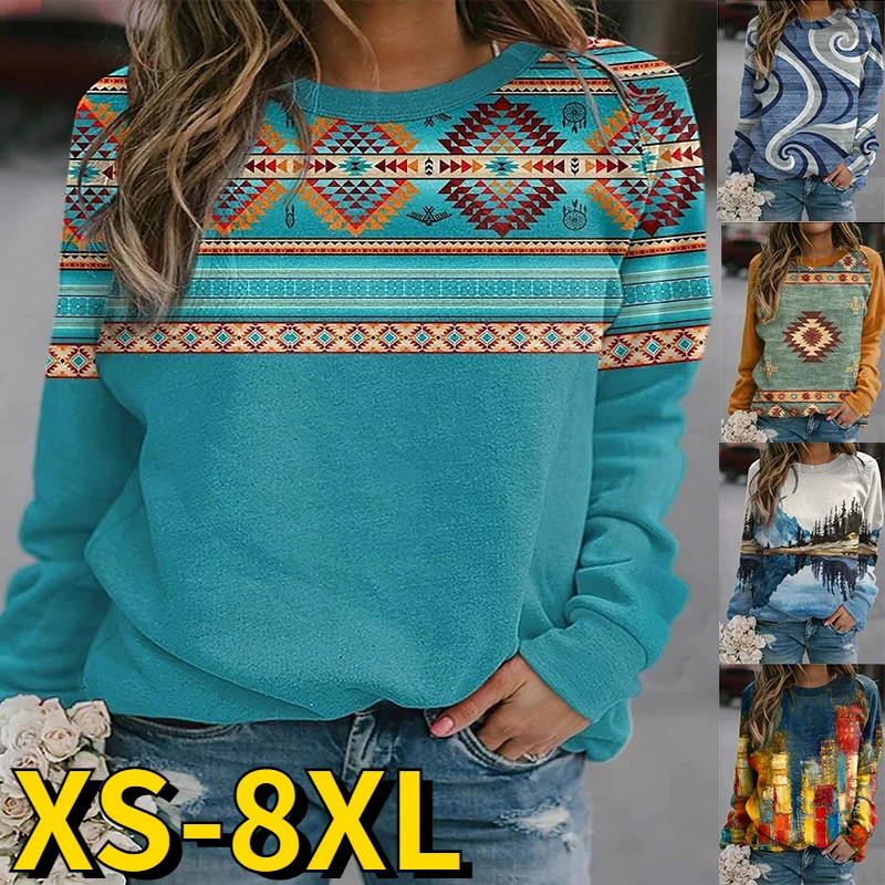 

Ladies Fashion Sweater Scenery Print T-shirt Autumn Winter Women Daily Long Sleeve Round Neck Loose Size Pullover Elegant Tops