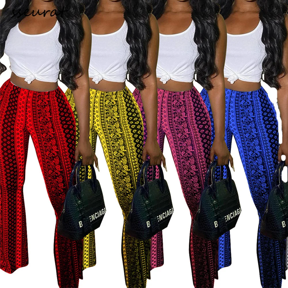 

SSEURAT High Waist Print Flare Leggings Summer Vintage Flare Pants 2022 Women Fashion Sexy Bodycon Trousers
