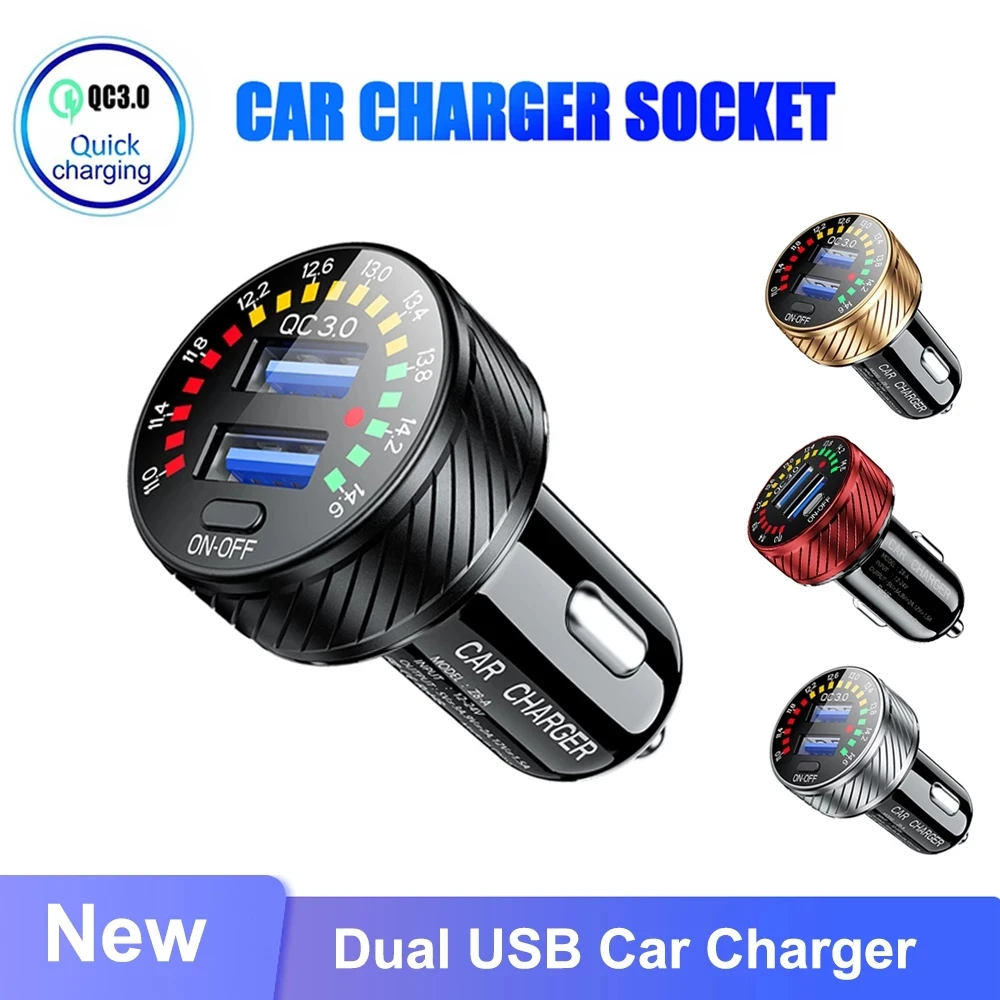36W Car Charger Dual USB Fast Charging Car Phone Charger Adapter With Colorful Voltmeter ON/OFF Switch For iPhone 14 Car Charger