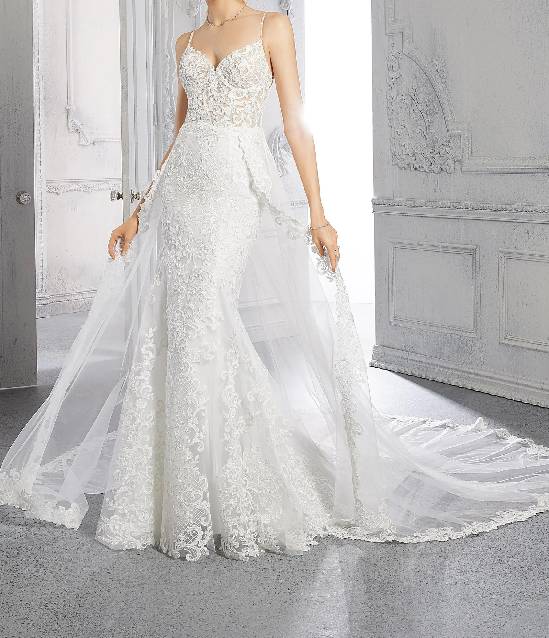 

2023 Long New Spaghetti Strap New Women Bride Mermaid Tulle Wedding Dress WHW-473