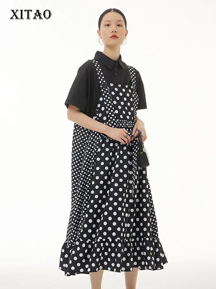 

XITAO Polka Dots Strap Dress Fashion Casual Patchwork All-match Temperament Simple Casual Loose Thin New Arrival Women ZY7242