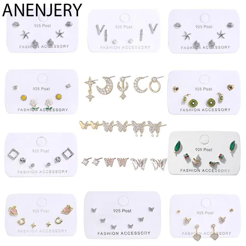 

ANENJERY Silver Color Zircon Moon Star Heart Animal Studs 6-piece Earring Set For Women Wholesale