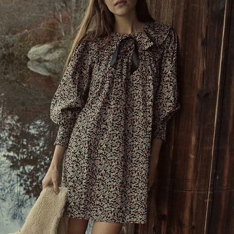 

2022 Summer French Print Ruffle O-neck Pullover Long-sleeved Mini Dress Women's Temperament Commuter Lantern Sleeve Robe