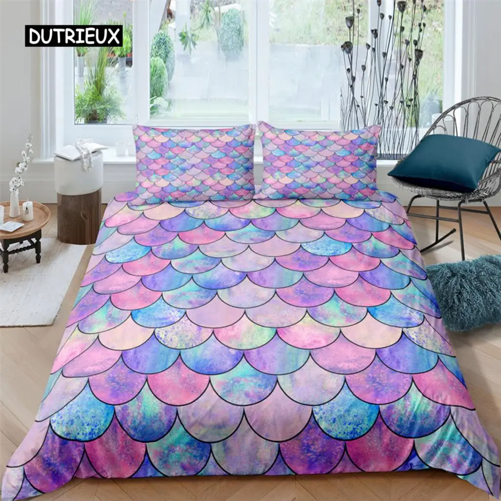 Fish Scales Duvet Cover Set Bedding Colorful Mermaid Scale Quilt Pillowcase Queen Size Girls 2/3pcs Comforter