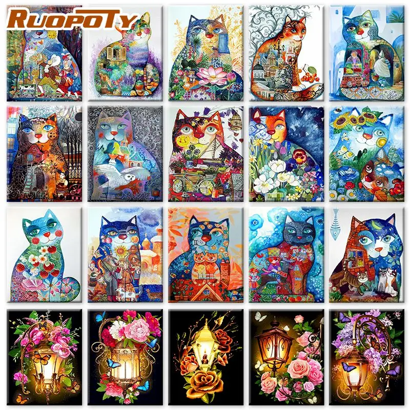 

RUOPOTY Framed Diy Painting By Numbers Abstract Cat Color on Canvas Kits for Home Decor 40*50cm Special Wall Decor Gift