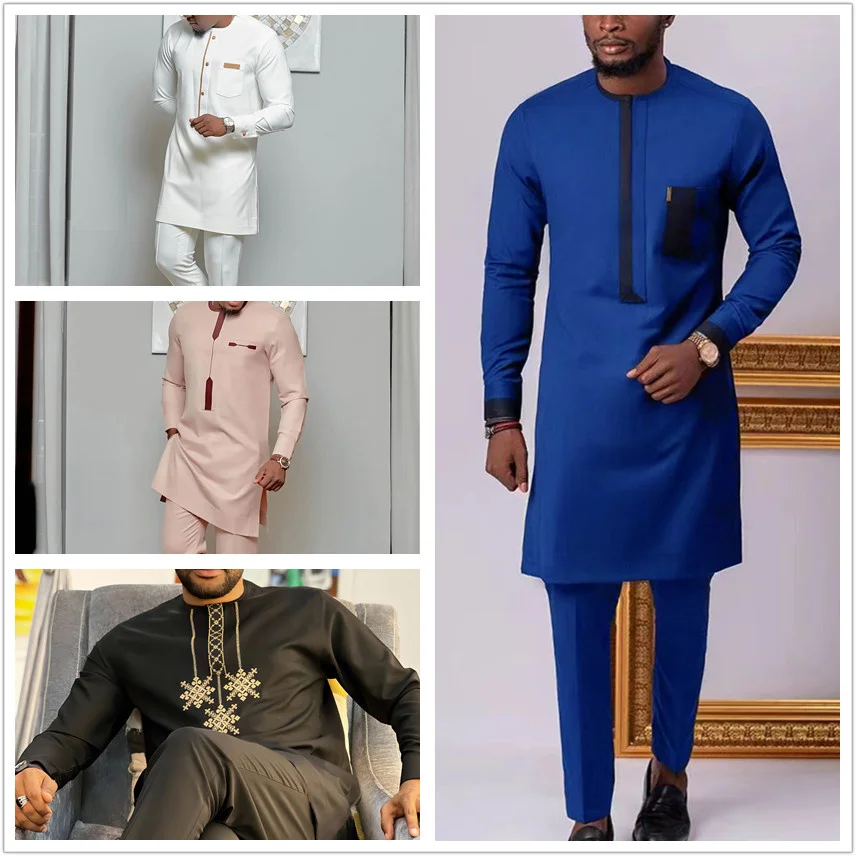 

Dasiki Man Outfits Set Top Pants Lon Sleeve T Sirt Trouser 2pcs Cotin Kaftan Traditional Casual Male Etnic Style Weddin