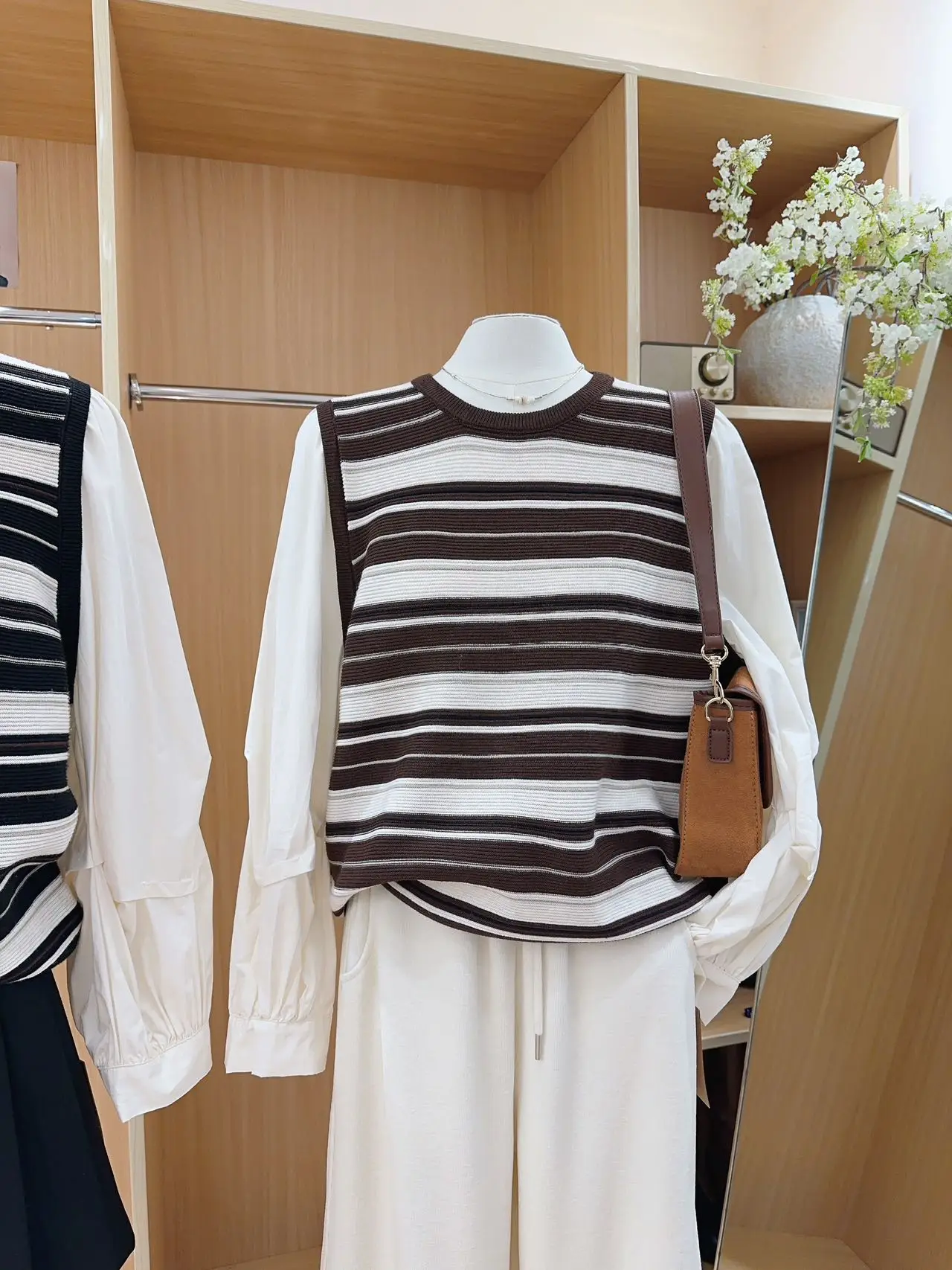 Женские рубашки из двух предметов в полоску с круглым вырезом стиле преппи