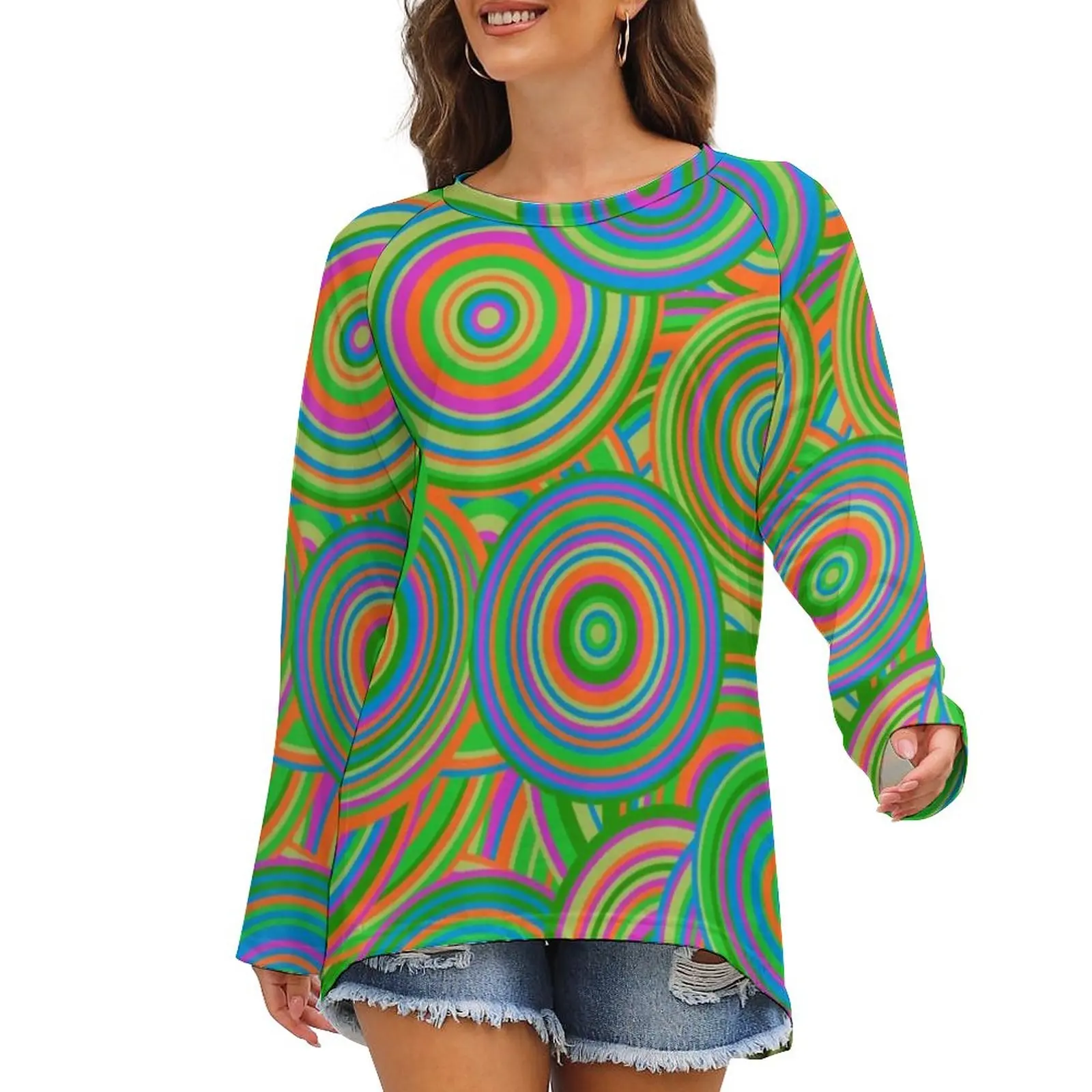 

Colorful Circles T-Shirt Retro Psychedelic 60s Korean Fashion Long Sleeve T-Shirts Print Cute Tee Shirt Female Autumn Tops 5XL