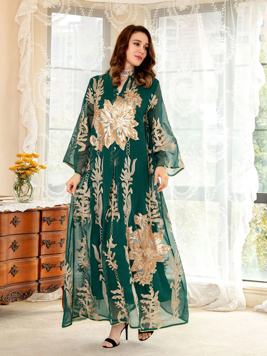 Мусульманское женское модное платье-абайя, зеленые Абайи с золотой вышивкой и блестками, Элегантный Арабский кардиган Jalabiya, кафтан, Халат