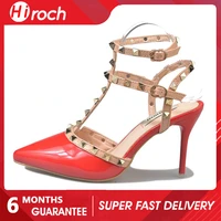 hiroch summer ladies rivets nude high heels pointed stiletto sexy sandals nighclub womens shoes chaussure femme party red
