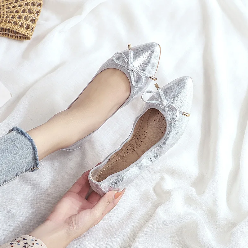 Butterfly Knot Flats Ballet Flat Shoes Women Spring Autumn Butterfly Pointed Toe Silver Foldable Shoes Zapatos Casuales De Mujer