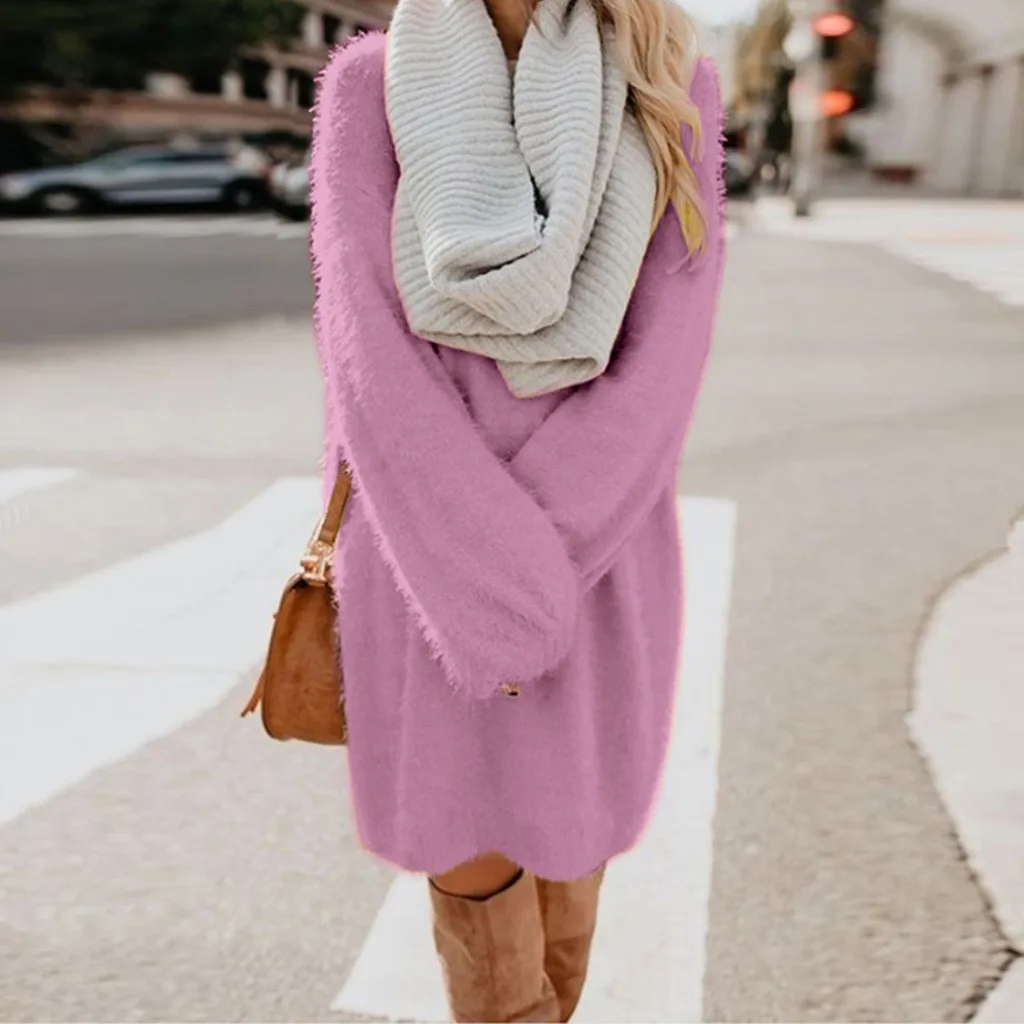 

Флисовое платье-свитер, зимнее женское пушистое вязаное платье-водолазка, теплое плюшевое модное мини-платье-свитер с длинным рукавом и карманами, платье