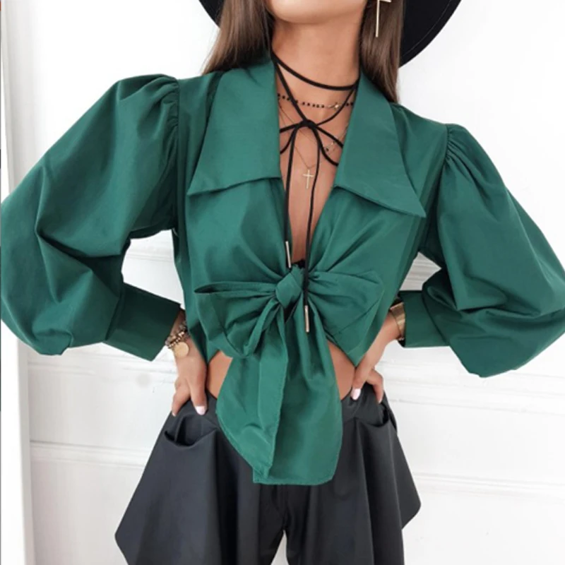 

Women New Hollow Out V-Neck Puff Sleeve Top Casual Solid Color Clothing Blusas Mujer Autumn Chic Lace-Up Bow Sexy Blouses Shirts