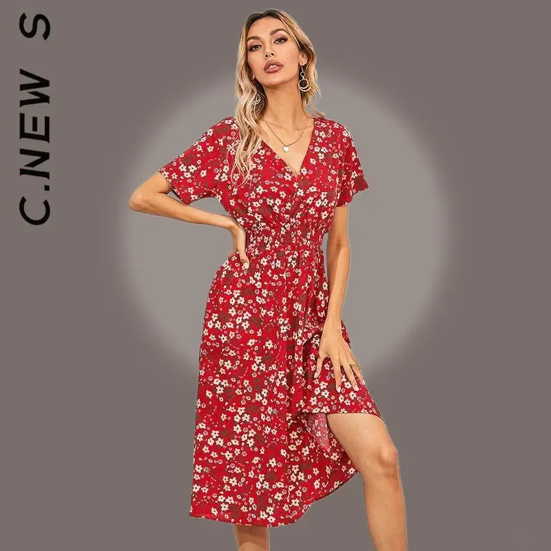 C.New S ретро желтое красное платье с цветочным принтом праздничные стильные наряды