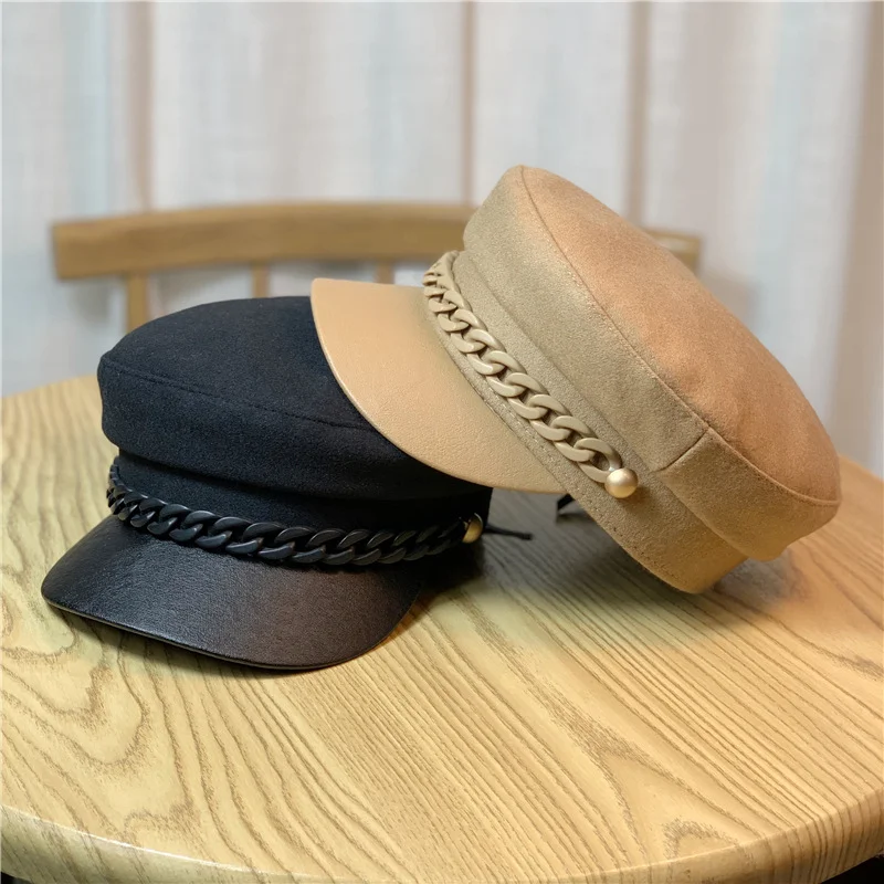

Cotton Hats for Women Military Caps Solid Chain Band Khaki Black Fashionable Outdoor Casual Autumn Winter Women Hat
