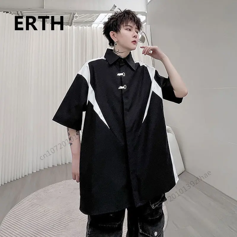 

Мужская рубашка с металлическими пуговицами ERTH, свободная рубашка контрастных цветов с лацканами и короткими рукавами, модная мужская одеж...