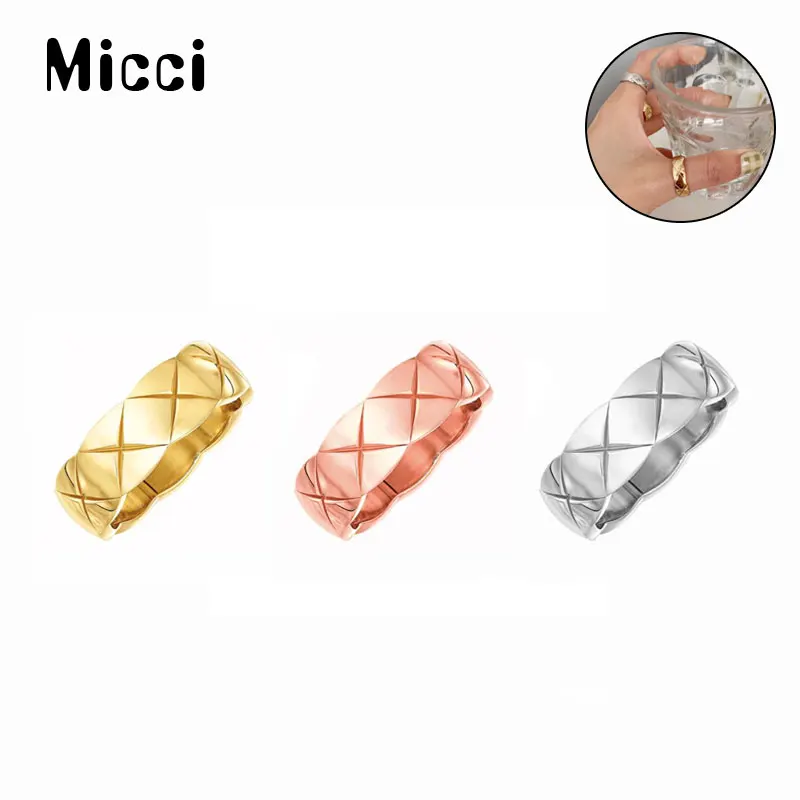 

Stainless Steel Rhombus Grid Ring Pattern X Coco Wavy Ring Geometric Couple Jewelry Men Woman Rose Gold Silver Color Size 5-10