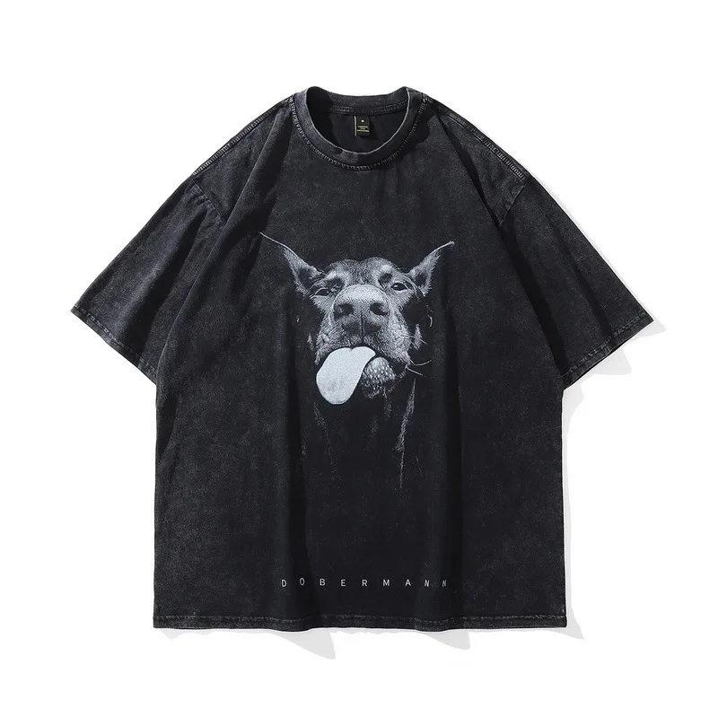 

Y2K Summer High Streetwear Doberman Dog Printed Oversize Top Tees Retro Acid Washed Unisex T Shirts For Men