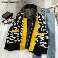 zurichouse leopard print jacket women patchwork knit lambswool coat fake two piece streetwear oversized zipper leather outerwear