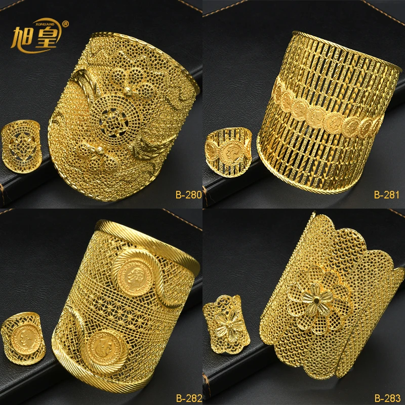 

XUHUANG Indian Cuff Bangles With Rings For Women Nigerian Luxury Wedding Engagement Jewelry Gifts African Plated Gold Bangles