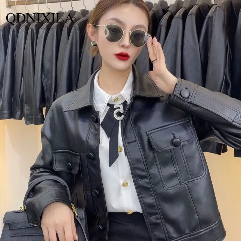 2023 Early Spring Imitation sheepskin Coat for Women New Single Breasted Leather Jacket Women Lapel Casual Street Short Jackets