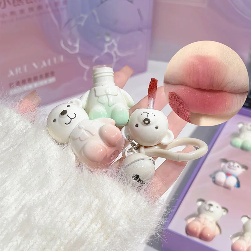 Набор блесков для губ макияж женщин матовая помада с милым медведем жидкая