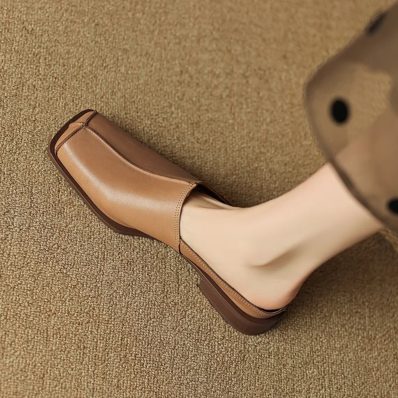 

Женские мюли из мягкой кожи, винтажные туфли на плоской подошве, квадратный носок, без застежки, мюли, мягкая кожа, Ретро стиль, весна