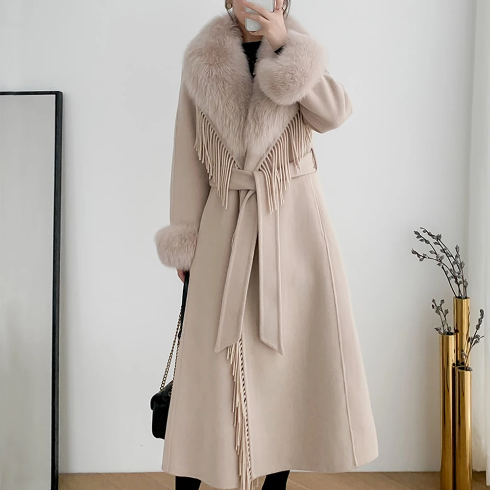 Real Fur Coat Women WinterTassel Cashmere Wool Blends Jacket Fox Fur Collar Cashmere Wool Blends Long Outerwear Ladies Streetwea enlarge