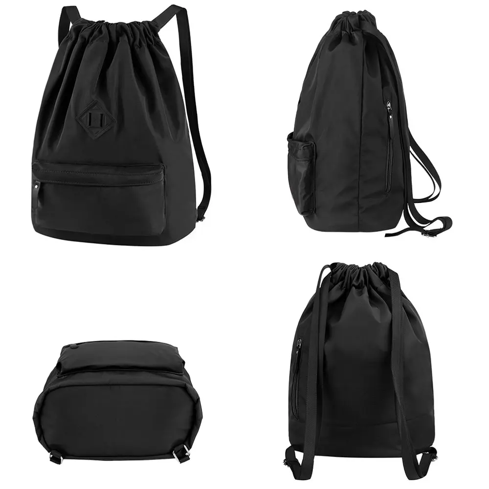 

Рюкзак унисекс на шнурке, школьный ранец на плечо, уличный водонепроницаемый нейлоновый вместительный черный рюкзак