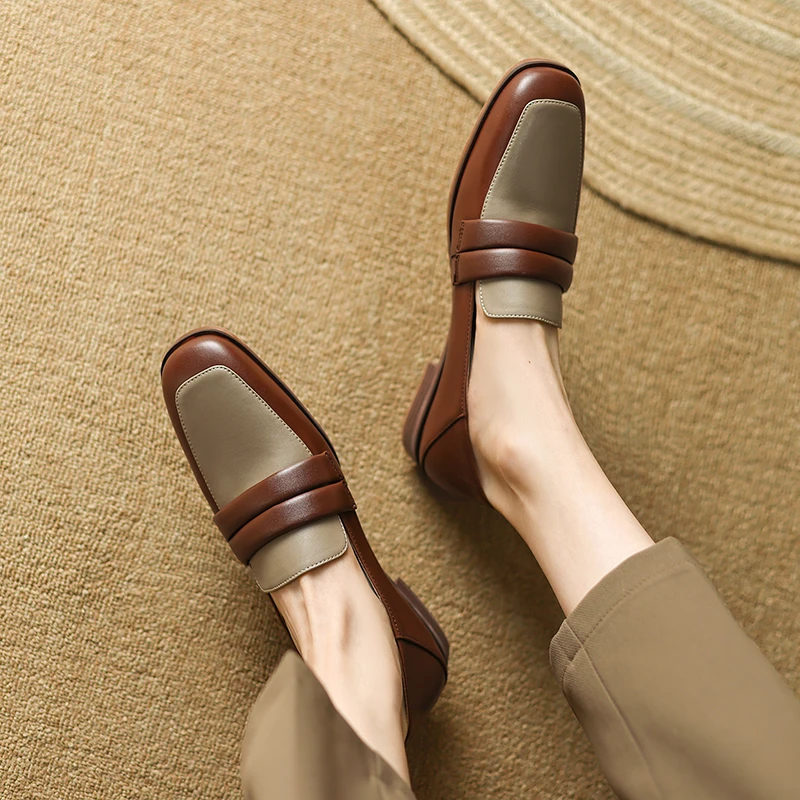 33-40 large size cow leather British style women's shoes round toe panel medium heel thick heel women's shoes