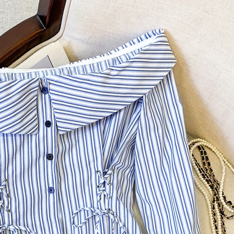 Новинка лета 2024 небольшая свежая модная пикантная полосатая рубашка облегающий