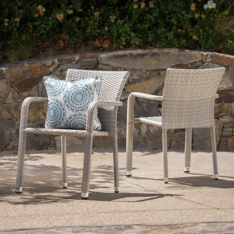 

Noble House Vera Outdoor Wicker Armed Stacking Chairs with an Aluminum Frame, Set of 2, Chateau Grey