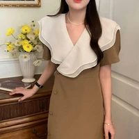 summer womens dresses french gentle double layer ruffles contrast v neck slim fit puff sleeve dress casual ladies clothing