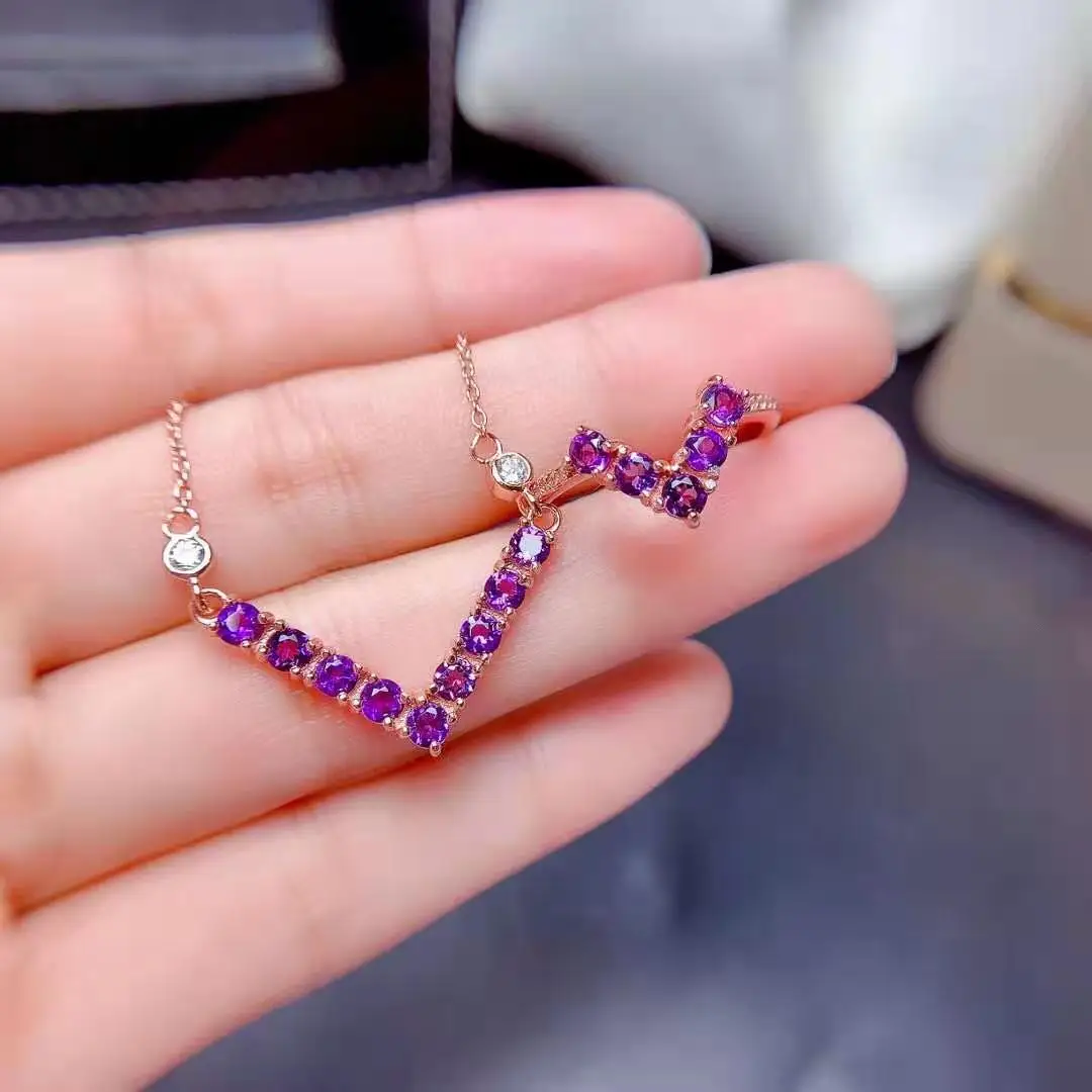

Natural Amethyst Pendant Necklace Ring Set S925 Sterling Silver Exquisite Fashion Women's Wedding Jewelry