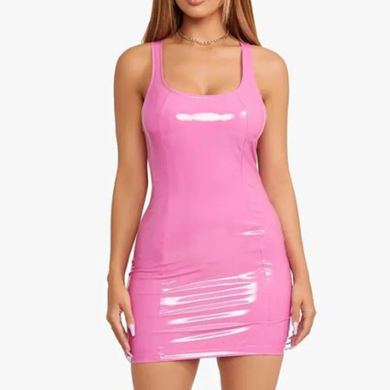 

Sexy High Waist Hip Skirt 2022 Women's PU Leather Solid Color O Neck Strap Bodycon Dresses Sleeveless Party Club Slim Mini Dress