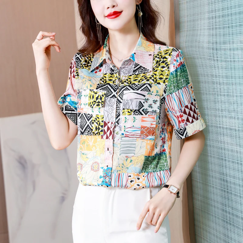 

Summer Short Sleeve Top Korean Fashion Printing Poplin Leisure Straight Polo Collar Women Shirt Houthion