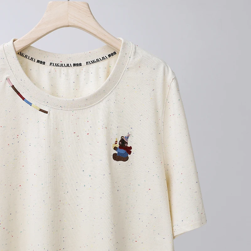 [Fat Jiajia] Colored Dots Bear Short sleeve T-shirt Summer Age-Reducing Embroidery Loose Casual Top H624y07409