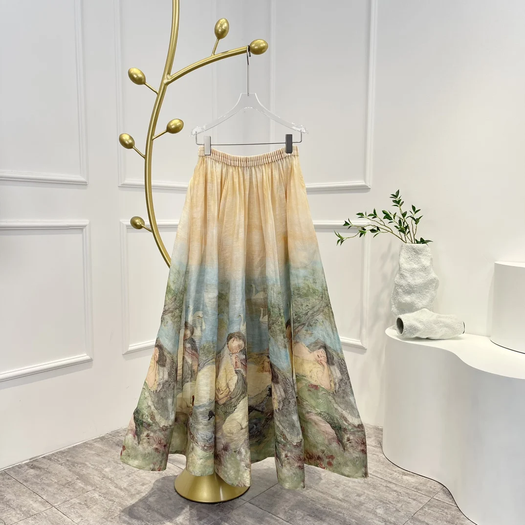 

Женская Повседневная юбка средней длины, винтажная юбка из шелка и льна с принтом в виде природных пейзажей, 2023