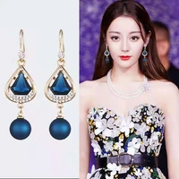 fashion fresh blue rhinestone pendant womens earrings vintage pearl pendant earrings exquisite gift wedding jewelry