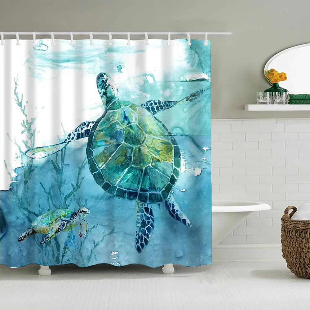 

Ocean Underwater World Shower Curtain Sea Turtle Print Bath Curtains Bathroom Decor Screen Waterproof Polyester with Hooks