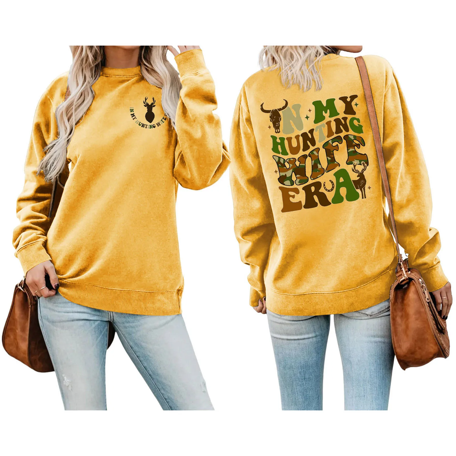 

Women's Autumn Winter Double Printed Drop Shoulder Sleeve Hoodless Pullover Sweater Light Hoodie