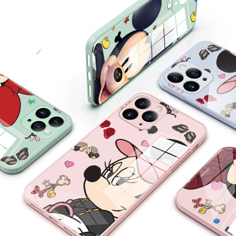 

Mickey Minnie Anti-drop Glass Phone Case Cover for Iphone 13 12 Pro Max 11 8 7 6 S XR PLUS X XS SE 2020 Mini Couple Back Cover
