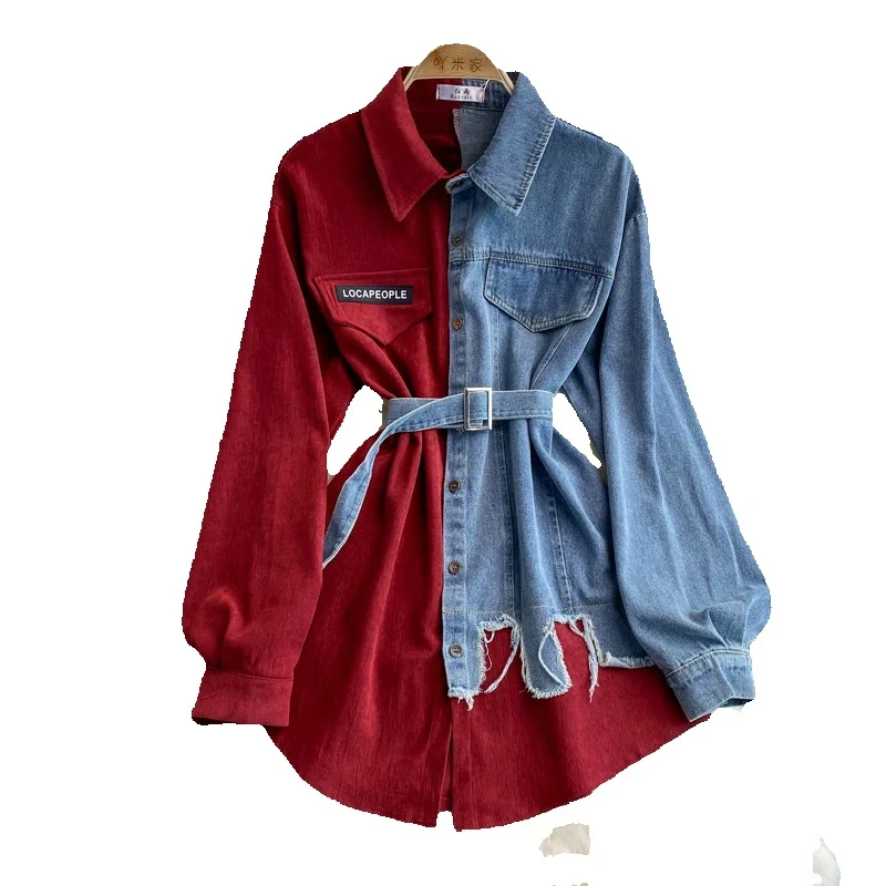 Джинсовое лоскутное платье с лацканами на осень-зиму новая корейская версия