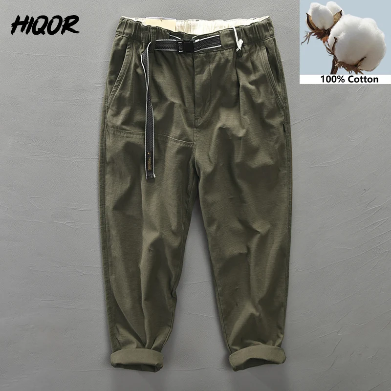 

HIQOR 100% Cotton Men's Cargo Pants New Fashion Men Solid Loose Casual Safari Style Pants Army Green Overalls Man Size 29-36